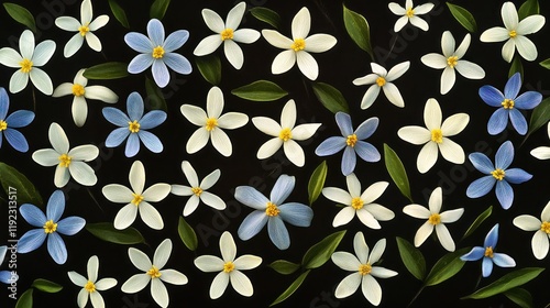 Flat lay of white and blue flowers and leaves on black background.