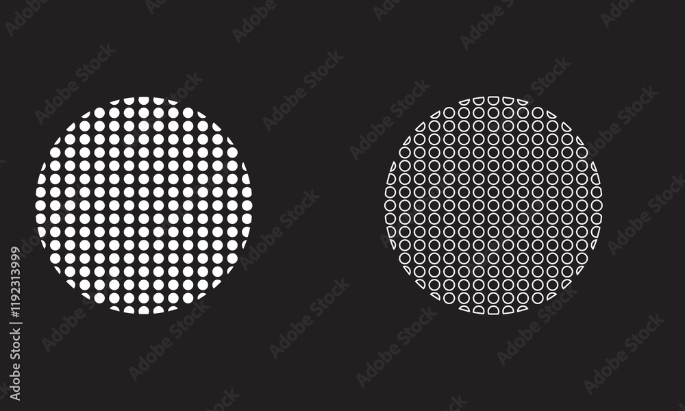 Dotwork stipple circles brush set. Grain effect with stipple dots. Abstract grunge dots pattern. Stochastic dotted texture. vector illustration