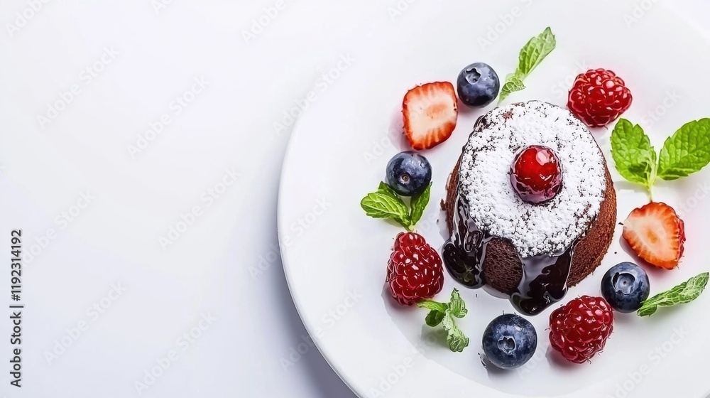 Delicious chocolate cake with berries gourmet dessert restaurant modern setting close-up indulgence Delicious chocolate cake with berries gourmet dessert restaurant modern setting close-up indulgence