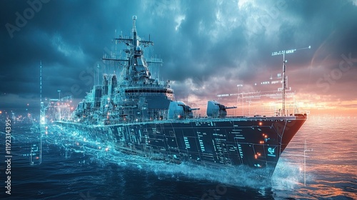 A digital representation of a naval ship with technology overlays in a maritime setting, showcasing advanced naval strategies and modern ship design in the defense and technology sectors.