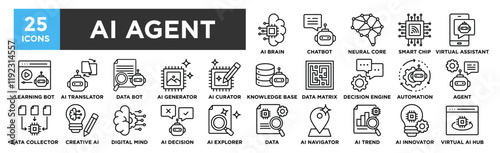 AI Agent icon collection set. Containing design AI Brain, Chatbot, Neural Core, Smart Chip, Virtual Assistant
