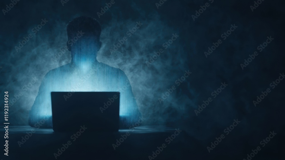 Mysterious figure working on a laptop in a smoky environment Mysterious figure working on a laptop in a smoky environment