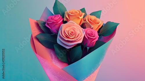 Valentine rose idea. Colorful bouquet of roses featuring pink, orange, and cream blooms in vibrant wrapping.