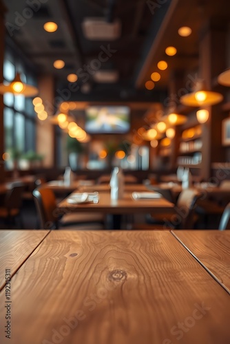 Empty wooden table top with lights bokeh on blur restaurant,montage,night, background 