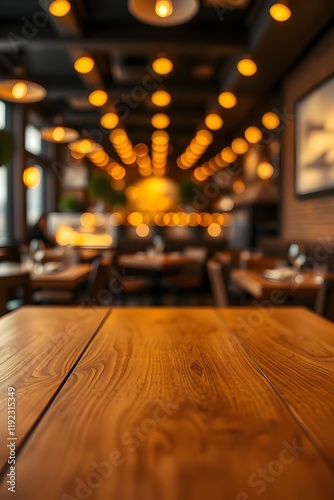 Empty wooden table top with lights bokeh on blur restaurant,montage,night, background 