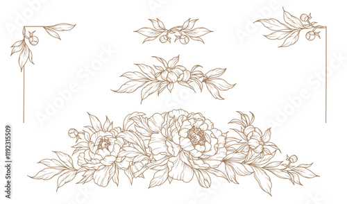 Floral frames with golden peony flowers, branches and leaves in line art style. Vector illustration for card, banner, wedding invitation, save the date, tattoo, advertising, packaging