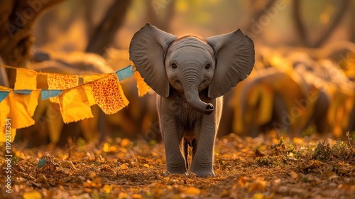 Adorable baby elephant standing in autumnal setting, with blurred herd and prayer flags.  Captures innocence and wildlife beauty.