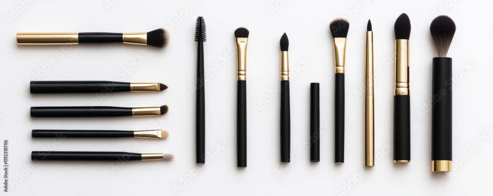 Professional grade makeup brushes arranged in minimalist flat lay. sleek black handles with gold accents create elegant aesthetic, perfect for beauty enthusiasts Professional grade makeup brushes arranged in minimalist flat lay. sleek black handles with gold accents create elegant aesthetic, perfect for beauty enthusiasts