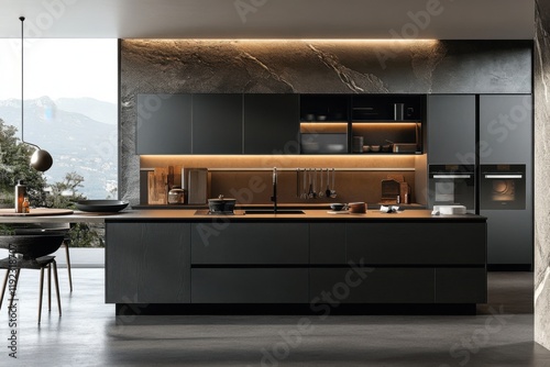 Modern minimalist kitchen design with sleek finishes and stunning mountain view during the day