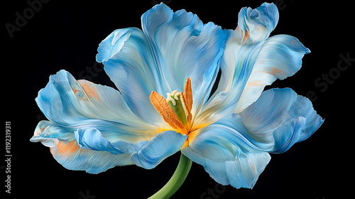 A stunning blue tulip flower featuring wide-open, intricately detailed petals captured from the backside, beautifully showcased against a dark background to highlight its vivid color and texture.