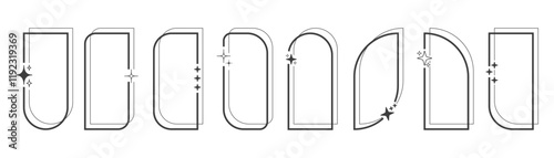 Decorative aesthetic arches with shining particles minimalist design, Vector elements linear frames with stars.