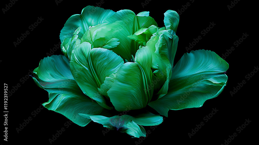 Obraz premium Backside of green wide open tulip flower on black background