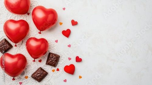 Valentine balloon concept. Decorative red heart balloons with chocolates and colorful hearts on a light background.