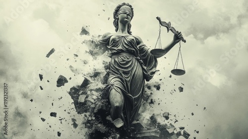 Lady justice emerging from rubble holding scales, symbolizing resilience of law and order