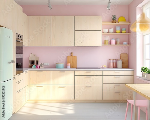 Warm Scandinavian kitchen with pale birch wood cabinets and pastel accents