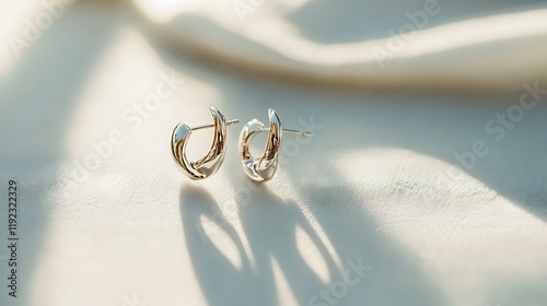 Elegant silver earrings displayed on a soft fabric background jewelry photography minimalist style