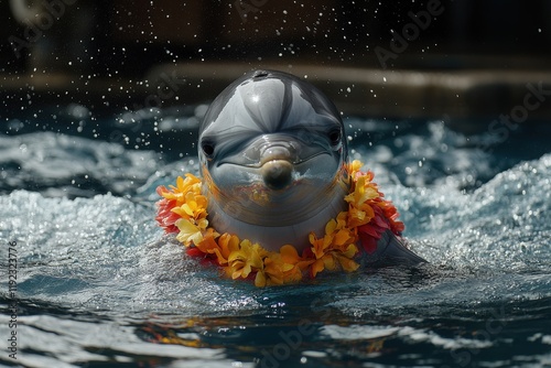 Adorable dolphin wearing a vibrant flower lei emerges from the water, creating a captivating and joyful scene. photo