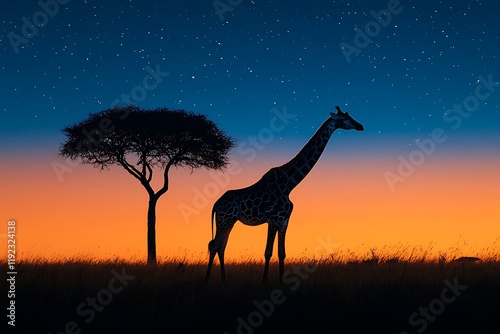 A majestic giraffe silhouetted against a vibrant African sunset photo