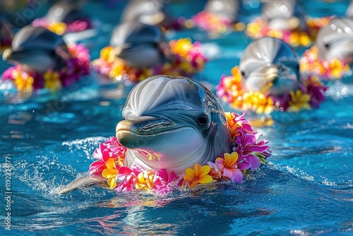 Delightful dolphins adorned with vibrant tropical flower leis swim gracefully in a crystal-clear ocean. A captivating scene of marine life and natural beauty. photo