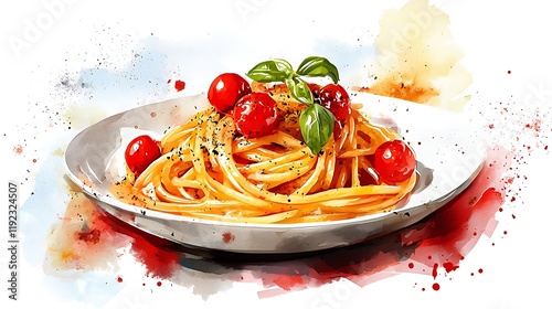 A watercolor painting of a delicious plate of spaghetti with cherry tomatoes and basil.