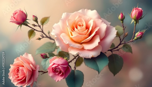 Elegant Floral Art with Vibrant Rose and Buds