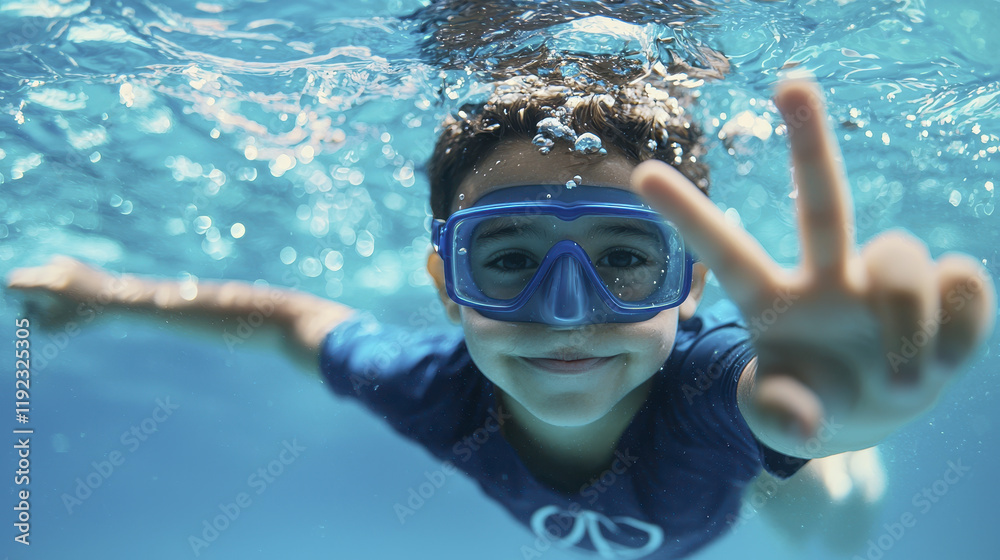 Naklejka premium Child swimming underwater, wearing goggles and smiling joyfully, showing peace sign. fun and playful moment captured in pool