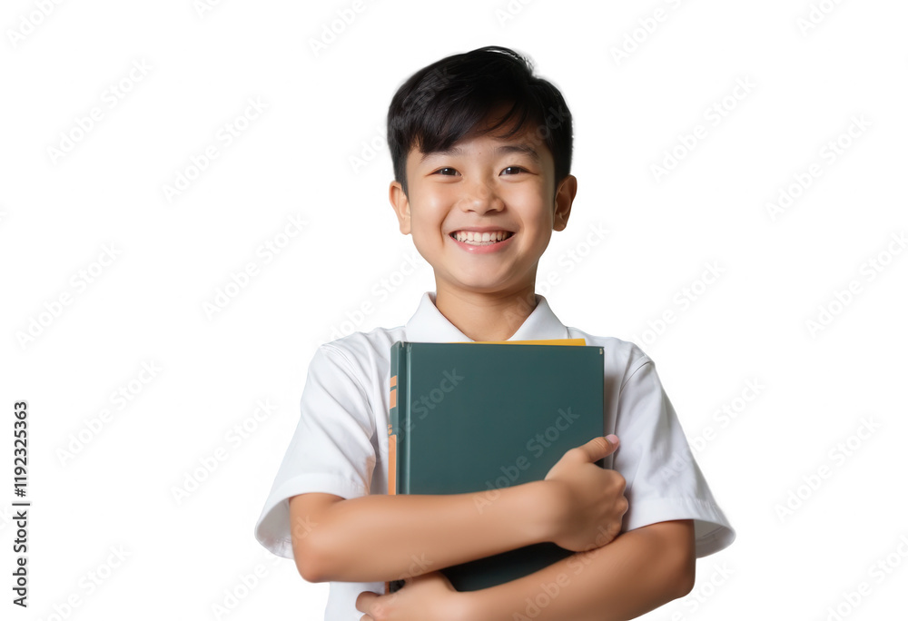 Cheerful young asian boy in white shirt holding books, smiling confidently, isolated on transparent background. Cheerful young asian boy in white shirt holding books, smiling confidently, isolated on transparent background.