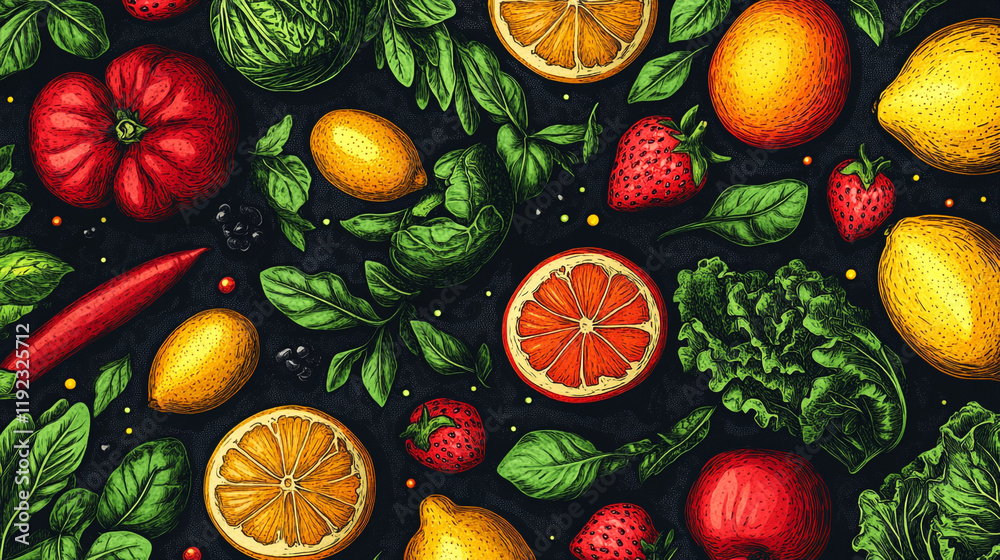 Fresh fruits and vegetables displayed in a vibrant arrangement on a dark background Fresh fruits and vegetables displayed in a vibrant arrangement on a dark background