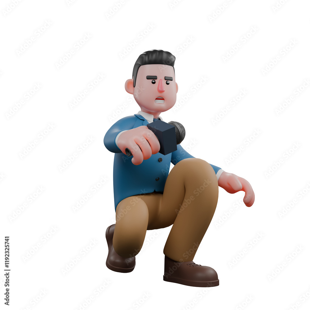 Fototapeta premium Stylish News Anchor Character 3D Model. A male TV presenter squats while holding a microphone with his right hand. Cartoon Style