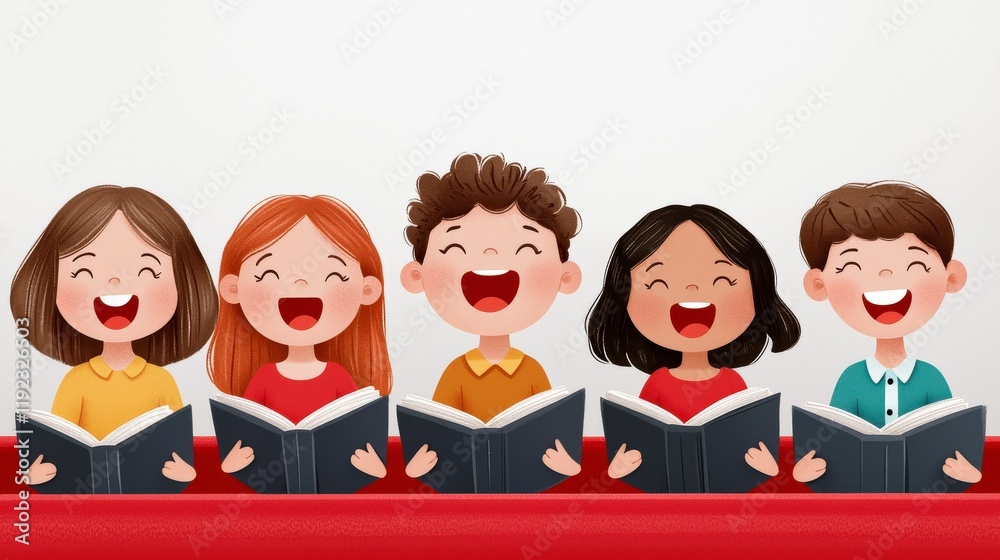 Fototapeta premium Happy Children Singing Together While Holding Books in a Bright and Cheerful Classroom Setting