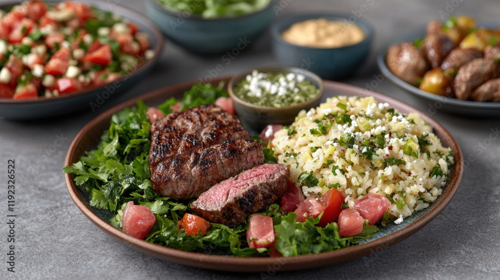 Grilled steak with rice, salad, and chimichurri sauce on plate Grilled steak with rice, salad, and chimichurri sauce on plate