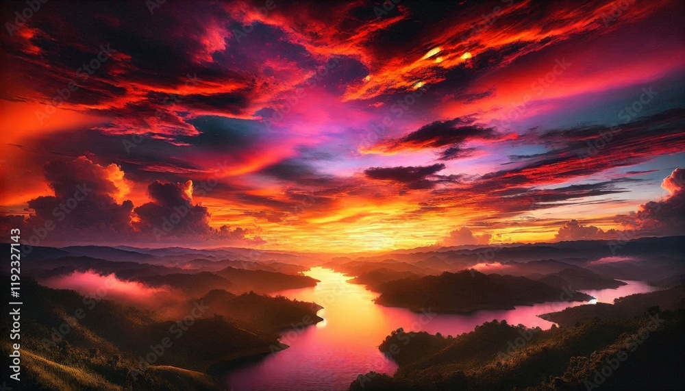 Fototapeta premium A sunset over a landscape with hills, trees and a body of water...Concept: Landscape, nature, beautiful sunset.