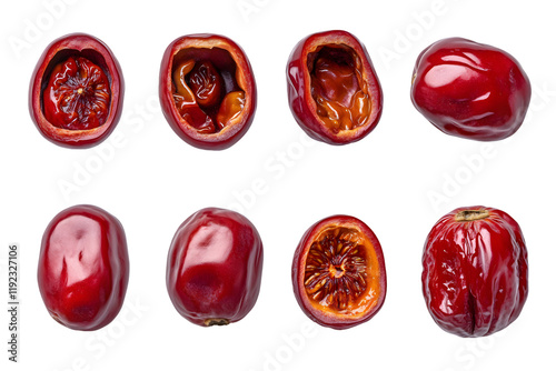 Collection of dried red fruit showing various stages of ripeness and texture for culinary uses and healthy eating transparent background, PNG