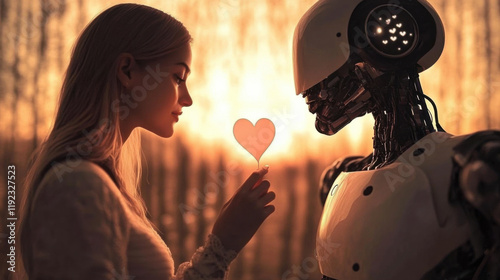 Woman celebrating Valentine's Day with a cute AI-powered humanoid robot, blending romance and futuristic technology