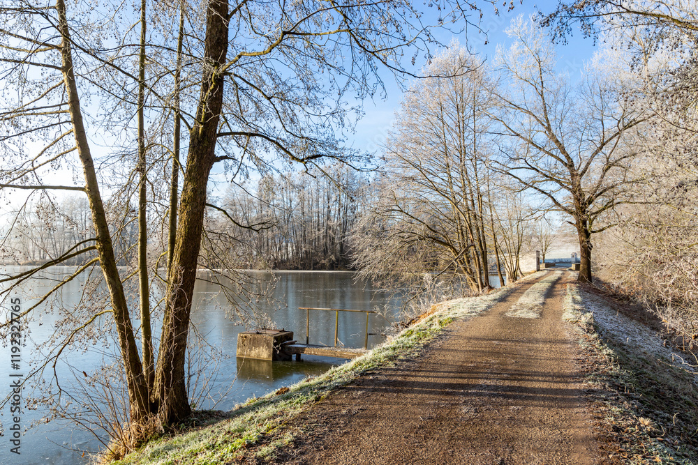 A countryside dirt road running alongside a frozen pond, surrounded by frost-covered trees under a clear blue winter sky.