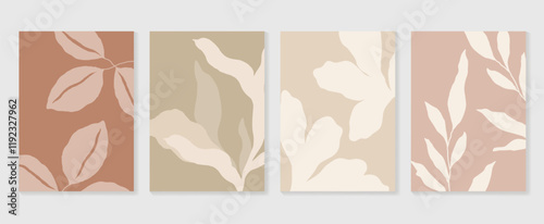Set of abstract foliage poster vector. Leaves, flower, organic shapes, earth tone colors, leaf branch. Illustration design for Eco packaging, interior, cover, wall art, wallpaper, market.