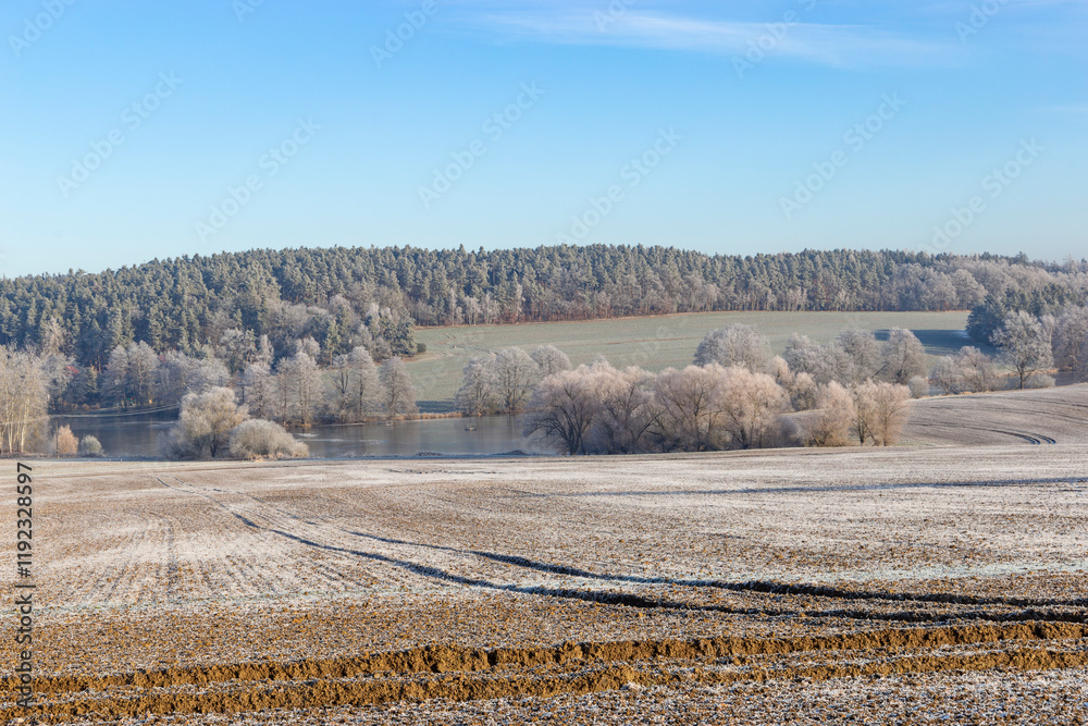 A frosty winter morning in the countryside, featuring a plowed field with visible tire tracks in the foreground, a frozen pond surrounded by bare trees in the middle.