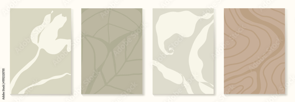 Obraz premium Set of abstract foliage poster vector. Leaves, flower, organic shapes, earth tone colors, leaf branch. Illustration design for Eco packaging, interior, cover, wall art, wallpaper, market.