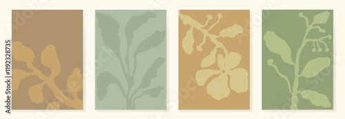 Set of abstract foliage poster vector. Leaves, flower, organic shapes, earth tone colors, leaf branch. Illustration design for Eco packaging, interior, cover, wall art, wallpaper, market.