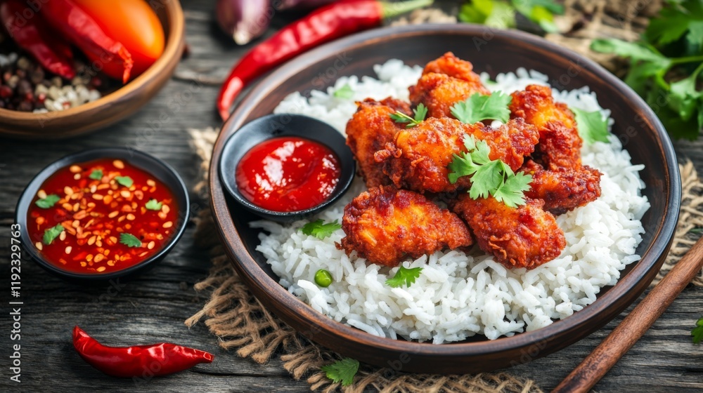 A beautifully arranged plate of fried chicken on fluffy white rice, garnished with herbs, chili, and a side of dipping sauce, set against a warm, inviting food scene A beautifully arranged plate of fried chicken on fluffy white rice, garnished with herbs, chili, and a side of dipping sauce, set against a warm, inviting food scene