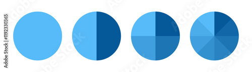 Diagram wheel divided from 1, 2, 4, 8 parts, Pie chart infographic circle divided into pizza or donut segments, Vector flat icons.