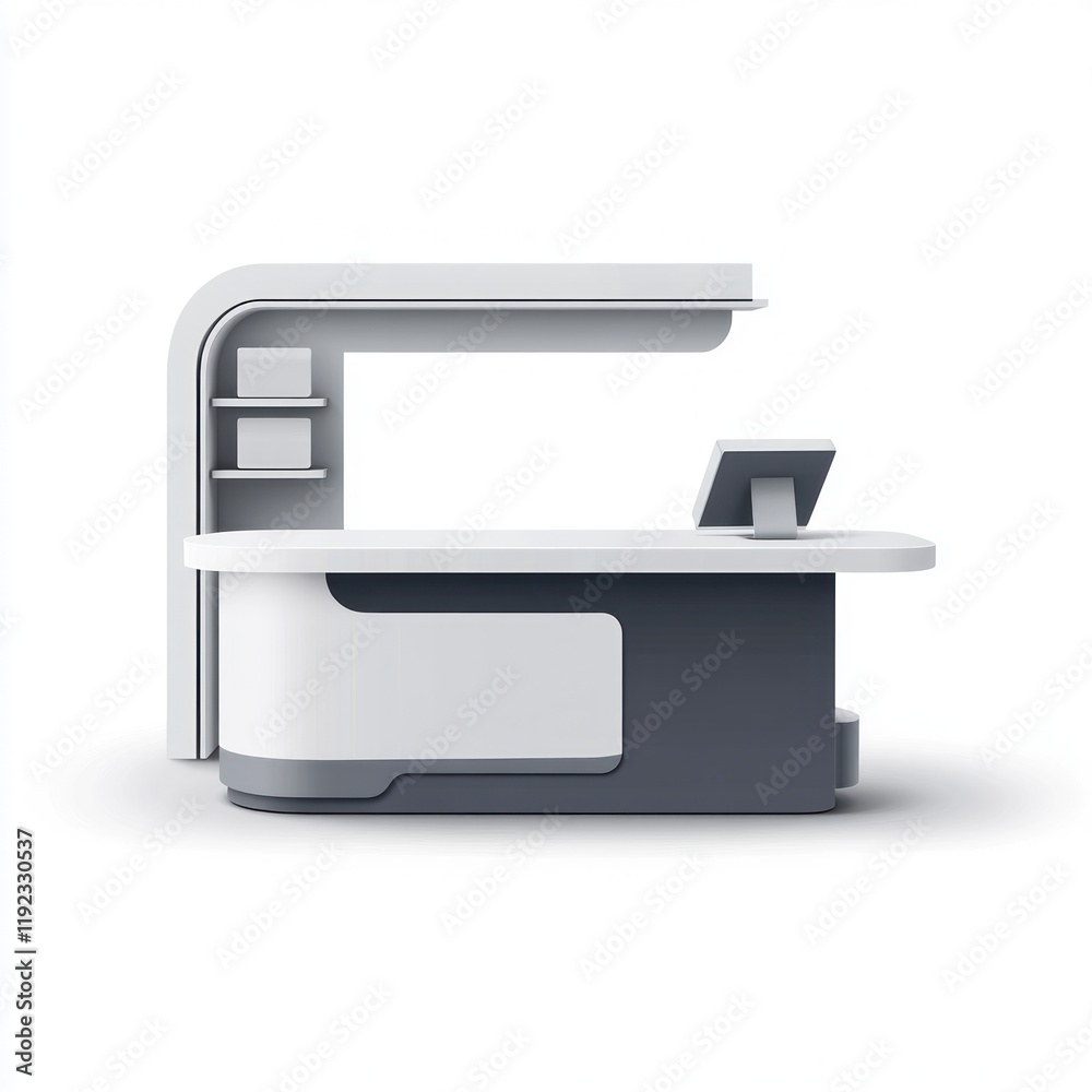 Modern, sleek reception desk with integrated computer screen and storage shelves. Modern, sleek reception desk with integrated computer screen and storage shelves.
