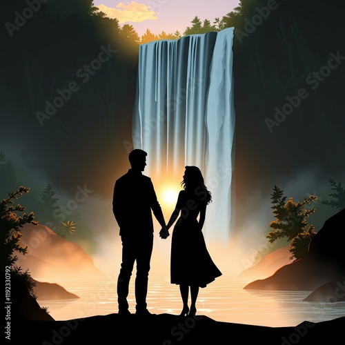 Couple Silhouetted Against Majestic Waterfall Sunset photo