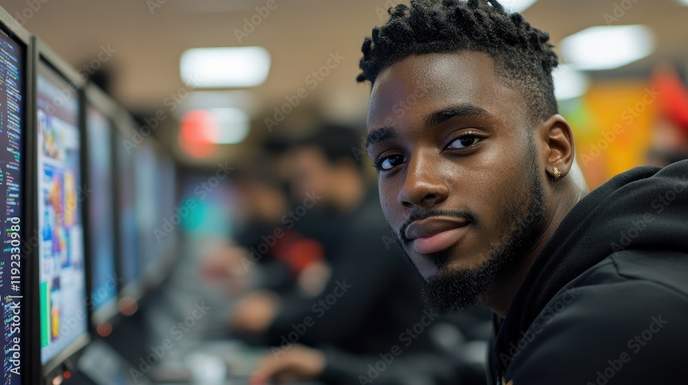 Young Black Man Coding at Computer Monitors Young Black Man Coding at Computer Monitors