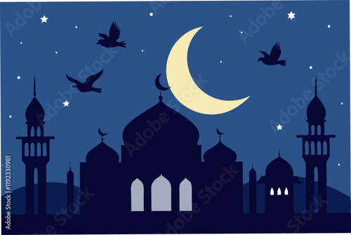 Silhouette of mosques against a dark night sky full of stars Islamic architecture in the background. photo