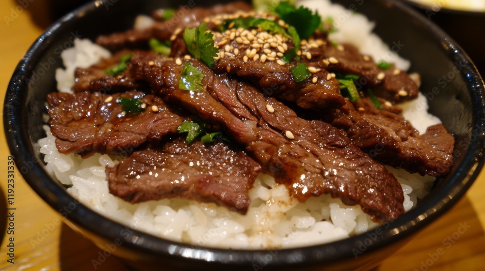 A bowl of fragrant white rice topped with thinly sliced beef in a glossy sauce, garnished with cilantro and a sprinkle of sesame seeds, surrounded by an inviting atmosphere A bowl of fragrant white rice topped with thinly sliced beef in a glossy sauce, garnished with cilantro and a sprinkle of sesame seeds, surrounded by an inviting atmosphere