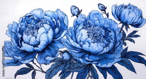 Fototapeta Naklejka Na Ścianę i Meble -  A finely crafted botanical wallpaper featuring intricate blue peony flowers and foliage, showcasing artistic beauty. Ideal for creative projects involving nature, flowers, or intricate floral designs.