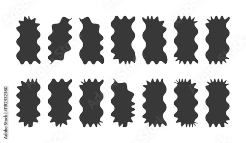 Zigzag wavy wrinkles geometric shapes silhouettes set, Abstract scallop shapes for label sticker design, vector illustration.