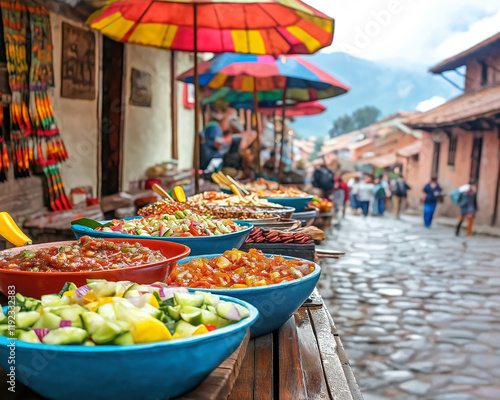 vertical photo of vibrant bowls filled with fresh ceviche and vegetables displayed in a lively outdoor Peruvian market under colorful umbrellas, traditional flavors, concept of travel and cuisine photo