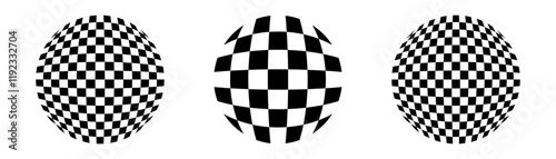 Chess pattern sphere globe set, Optical illusion checkerboard ball, Vector illustration.